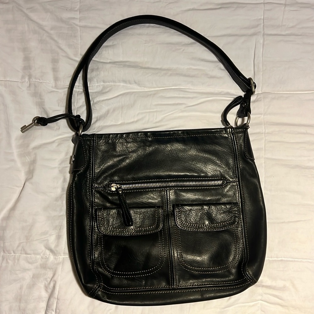 FOSSIL Black Genuine Leather Hobo Shoulder/crossbody Bag, Adjustable Strap